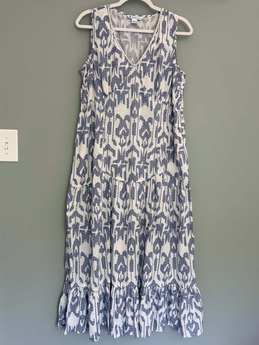 April Cornell 100% Cotton Blue White Ikat V-Neck Sleeveless Maxi Dress